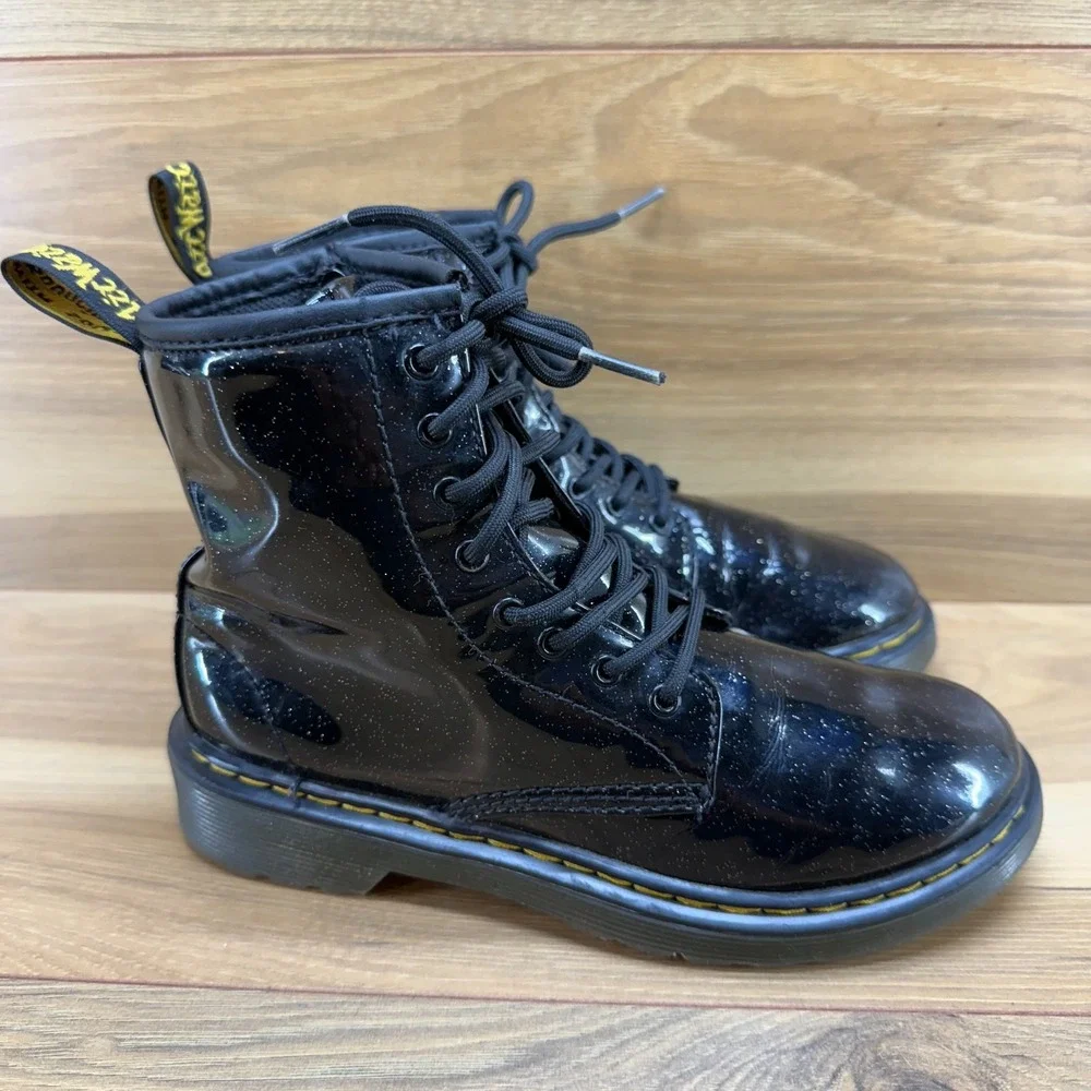 Dr Martens Big Girls Youth Size 3 Black Glitter Patent Leather Combat Boots 1460